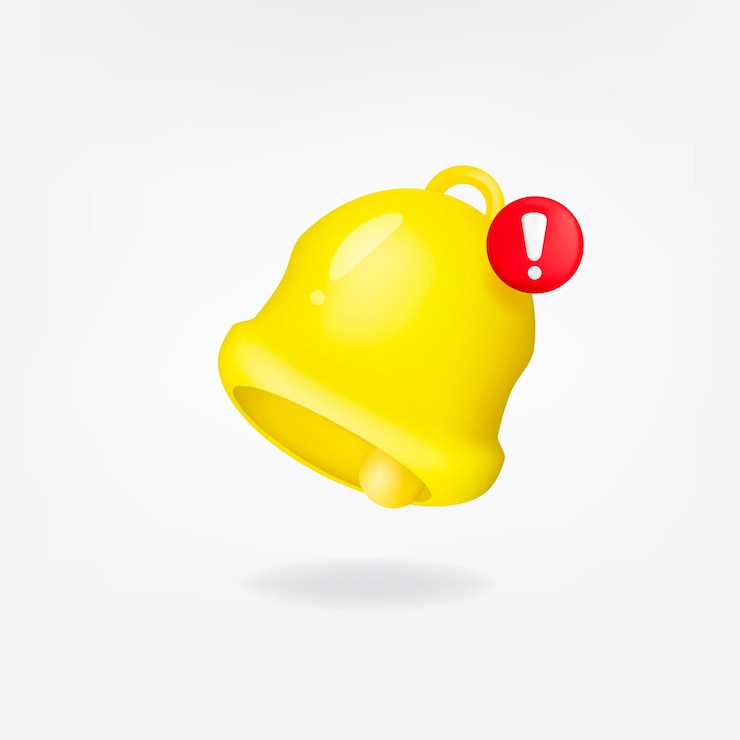 Gratis Vector 3d vector gele bel waarschuwingssymbool sociale media rood uitroepteken meldingspictogram geïsoleerd.