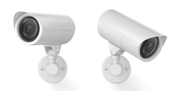 3D-vector witte veiligheid video spy camera Cctv systeem apparatuur illustratie voor horloge en opname verborgen op straat bouwen muur Realistisch koptekst concept voor het beschermen en observeren van privacy