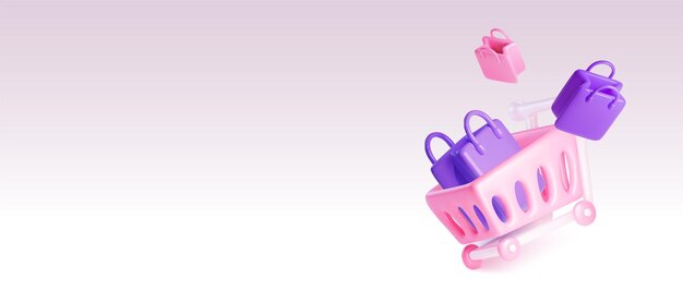 3D-winkelwagentjes en winkeltassen op een lege achtergrond Vector realistische illustratie van een roze winkelwagentje voor goederen detailhandel online winkel promo flyer verkoop of korting reclame