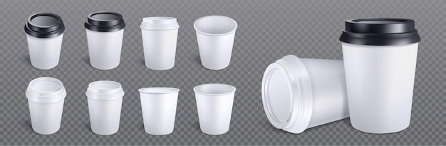 Gratis vector 3d witte koffiekopje geïsoleerde vector mockup set eco theemok met zwarte plastic deksel en lege huisstijlontwerp wegwerpverpakking voor afhaalmaaltijden en ga koud latte drankje professionele sjabloon