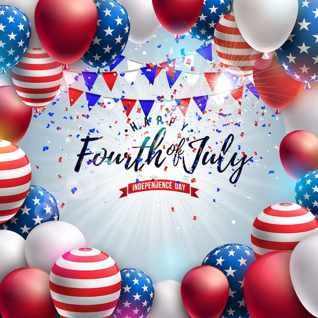 Gratis vector 4 juli onafhankelijkheidsdag van de vs design met amerikaanse vlag patroon partij ballon en confetti
