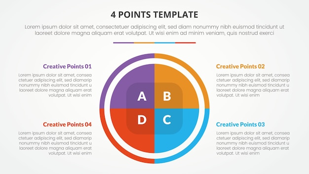 Gratis vector 4 punten fase sjabloon infographic concept voor diapresentatie met grote cirkel cirkeldiagram 4 puntenlijst met vlakke stijlvector