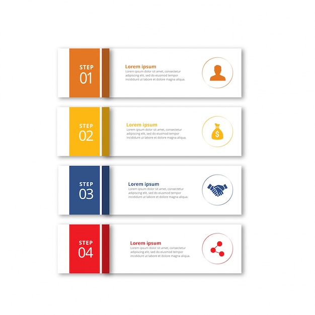 4 stappen infographic met oranje gele blauwe en rode kleuren