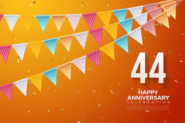 44e verjaardag met kleurrijke cijfers en vlaggen Premium Vector