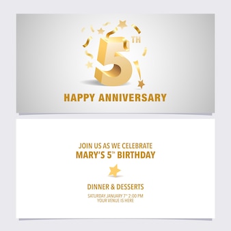 5 jaar verjaardag uitnodigingskaart vectorillustratie sjabloonontwerp met gouden kleur volumetri