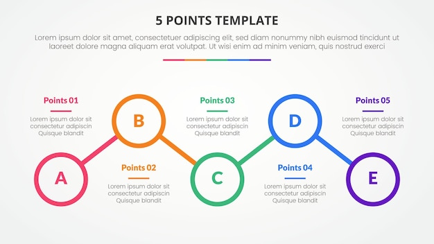 5 punten podiumsjabloon infographic concept voor diapresentatie met omtrekcirkellijnverbinding op en neer met 5-puntslijst met vlakke stijlvector