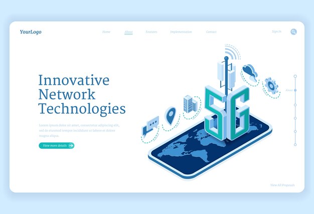 5g netwerktechnologieën isometrische bestemmingspagina. Innovatieve draadloze mobiele telecommunicatiedienst van de nieuwe generatie. Smartphone met wereldkaart, internetsnelheid verbinding 3d webbanner