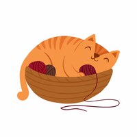 Gratis vector aanbiddelijk katje dat in mand met garenballen slaapt leuk katjekarakter vectorillustratie
