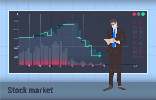 Aandelenhandelaar op een masker bij gevallen grafiekenachtergrond Beursmarkt na coronaviruspandemie Wereld economische crisis vectorillustratie