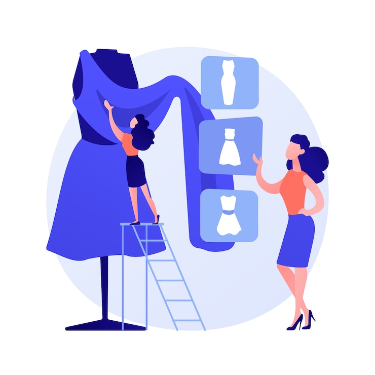 Gratis Vector aangepaste kleding naaien. individueel kledingontwerp, handgemaakte kleding, professionele kleermakerij. werknemers afstemmen jurk op naaister workshop. vector geïsoleerde concept metafoor illustratie