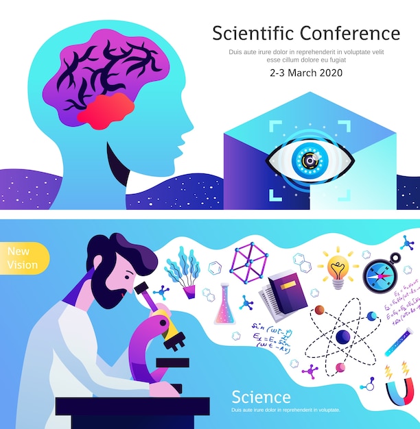 Aankondiging 2 van de wetenschapsconferentie horizontale abstracte kleurrijke geplaatste banners