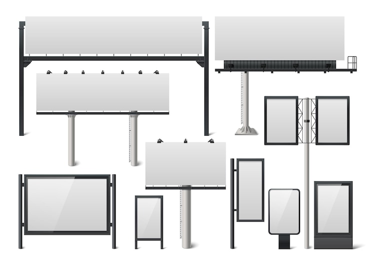 Gratis Vector aanplakbord dat realistische mockuppictogrammen adverteert die met lege promouithangborden geïsoleerde vectorillustratie worden geplaatst