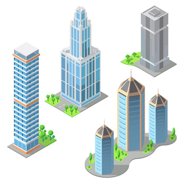 aantal isometrische moderne gebouwen in cartoon stijl. Stedelijke wolkenkrabbers, stadsbuitenkant