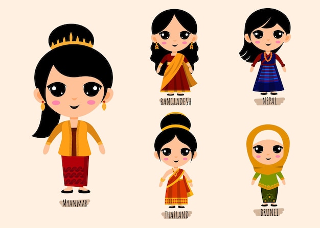 Aantal mensen In traditionele Aziatische kleding stripfiguren, mannelijke en vrouwelijke nationale kostuums collectie Concept, geïsoleerde vlakke afbeelding