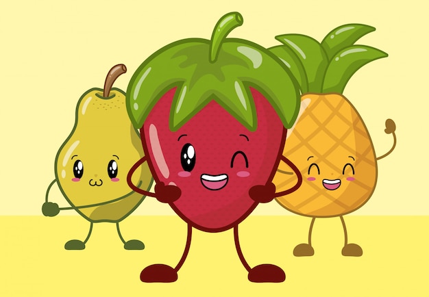 Aardbei, ananas en peer glimlachend in kawaiistijl.