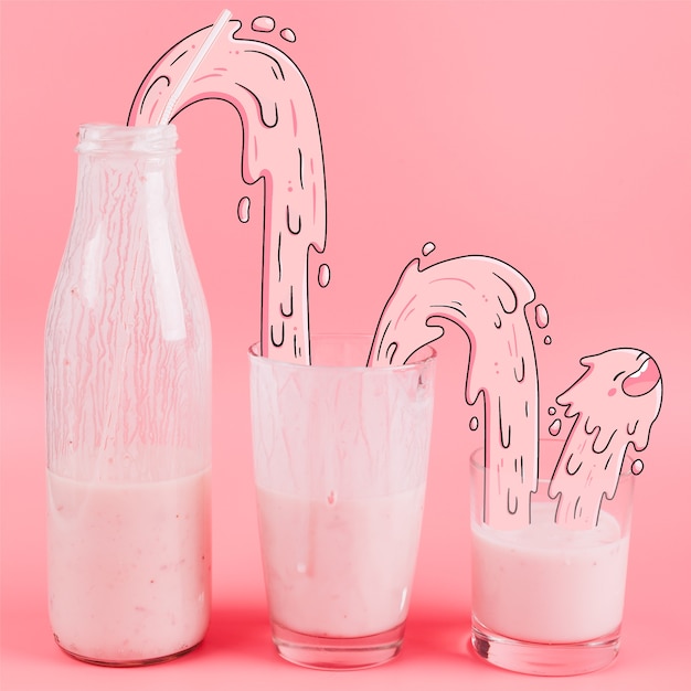 Aardbei milkshake fotografie met grappige illustratie in roze tonen