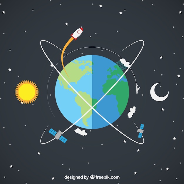 Gratis vector aarde met een raket en satellieten