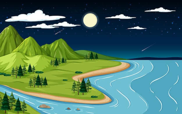 Aardlandschapsscène met berg en rivier bij nacht