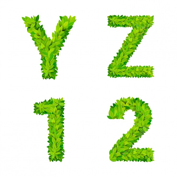 Gratis Vector abc gras laat letter nummer elementen moderne natuur plakkaat belettering blad bladverliezende set. yz 1 2 blad bladerig gebladerde natuurlijke letters latijns engels alfabet lettertype collectie.