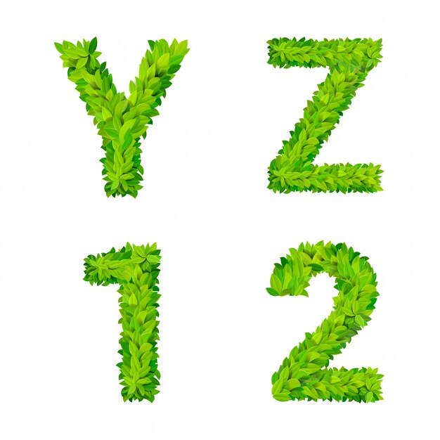 ABC gras laat letter nummer elementen moderne natuur plakkaat belettering blad bladverliezende set. YZ 1 2 blad bladerig gebladerde natuurlijke letters Latijns Engels alfabet lettertype collectie.