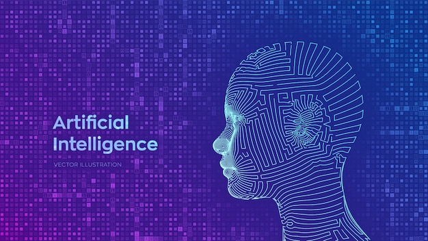 Abstract draadframe digitaal menselijk vrouwelijk gezicht op streaming matrix digitale binaire code achtergrond. AI. Kunstmatige intelligentie concept.