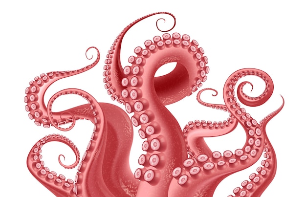 Gratis vector abstract fragment van rode octopus met kronkelende tentakels met uitlopers bij witte realistische vectorillustratie als achtergrond