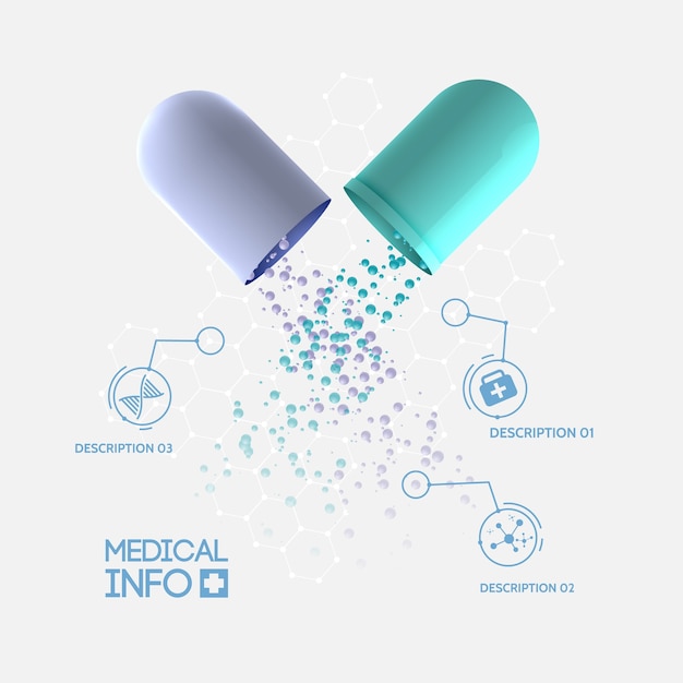 Abstract geneeskunde infographic concept met medische geopende capsulepil drie geïsoleerde opties en pictogrammen Gratis Vector