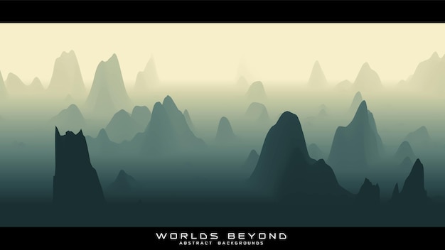 Abstract groen landschap met mistige mist tot horizon over berghellingen. gradiënt geërodeerd terreinoppervlak. werelden daarbuiten.
