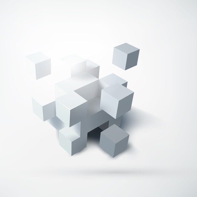 Abstract leeg geometrisch ontwerpconcept met groep van 3d witte kubussen op geïsoleerd licht
