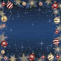 Gratis vector abstract vector frame illustratie met kerstballen en lichtgevende blauwe achtergrond.