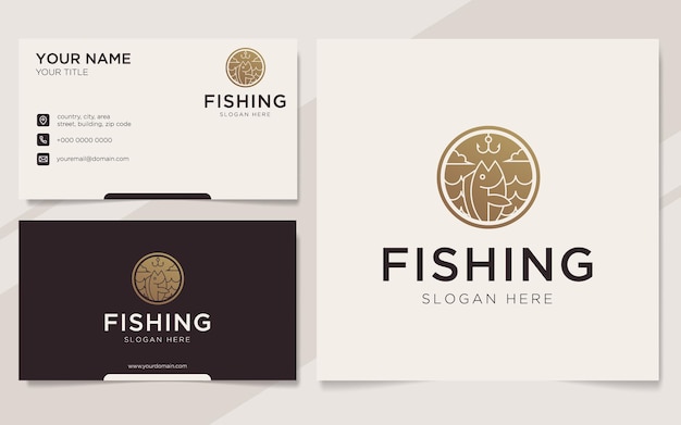 Abstract visserij-logo in gouden luxe stijl en ontwerpsjabloon voor visitekaartjes