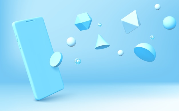 Abstracte achtergrond met realistische smartphone en geometrische 3D-vormen verspreiden op blauwe achtergrond. Halfrond, octaëder, bol, kegel, cilinder en icosaëder met vector mobiele telefoonweergave