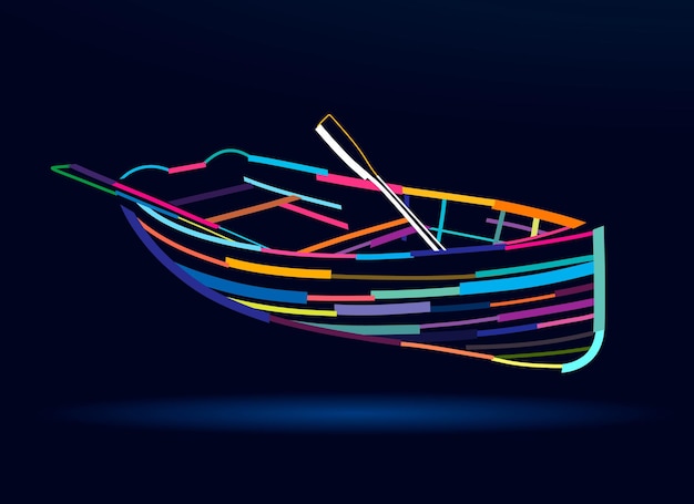 Abstracte houten boot met roeispanen van veelkleurige verf gekleurde tekening vectorillustratie Premium Vector
