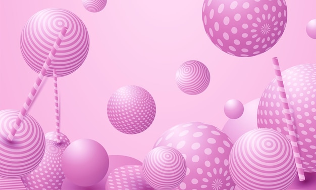 Gratis vector abstracte kleurrijke ballen. pink candy vliegt in gewichtloosheid. chaotische scatter confetti bollen. feestelijk feestbehang.