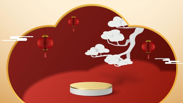 Abstracte minimale mock-up scène. podium voor show product display. podium sokkel of platform. chinese nieuwe jaar rode en gouden achtergrond. 3d-vector