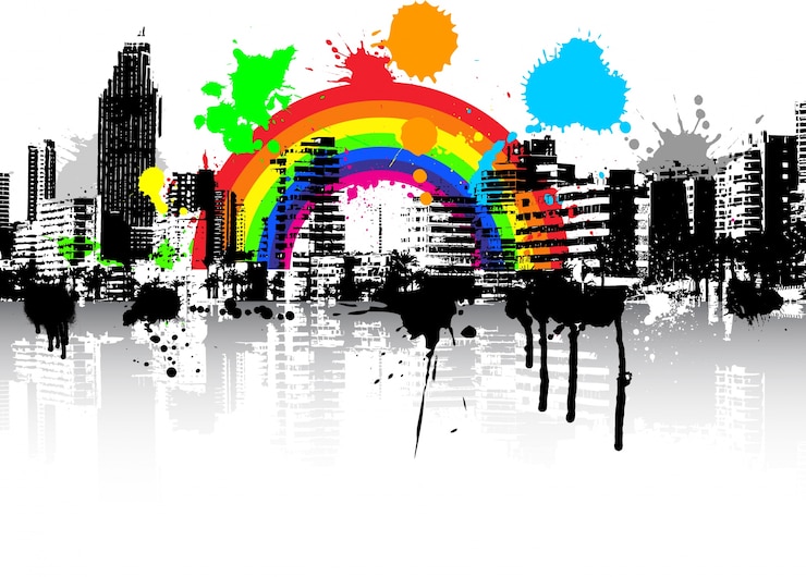 Gratis Vector abstracte stijl stedelijke grunge scene achtergrond met regenboog