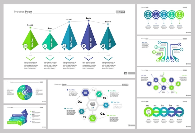 Gratis vector acht marketing slide templates set