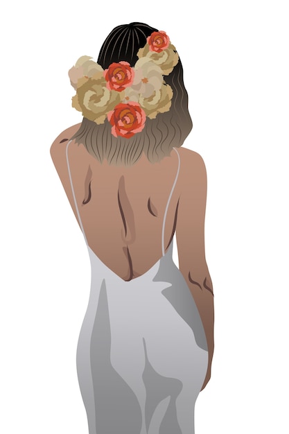 Achteraanzicht van een vrouw in witte jurk en bloemen gevlochten in haar haar