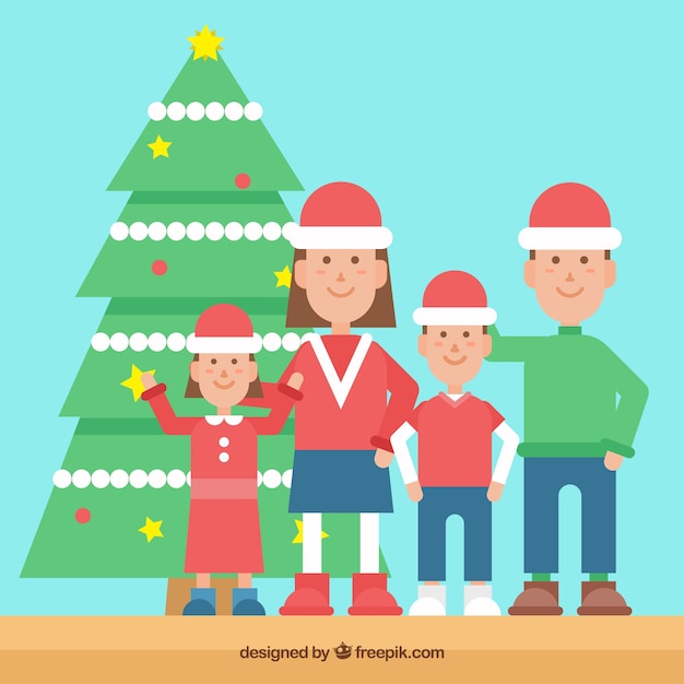 Gratis vector achtergrond met een gelukkige familie naast een kerstboom