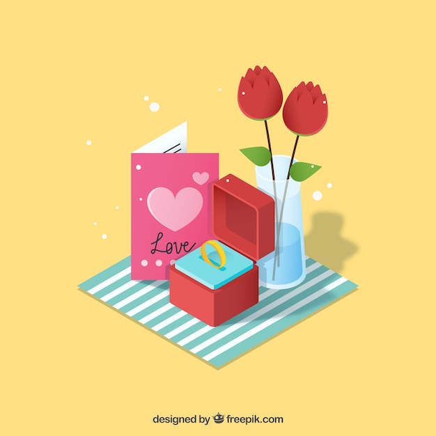 Gratis vector achtergrond met romantische geschenken en verlovingsring