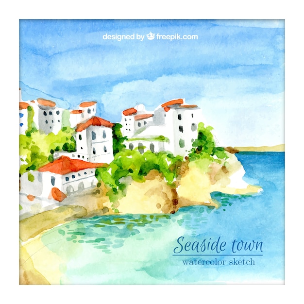 Gratis vector achtergrond van aquarel mooie dorp aan zee