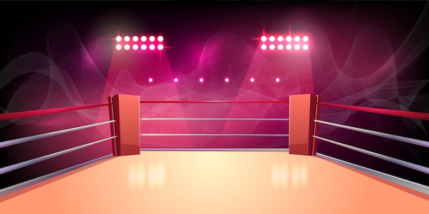 Gratis vector achtergrond van boksring, verlicht sportterrein voor vechten, gevaarlijke sport.