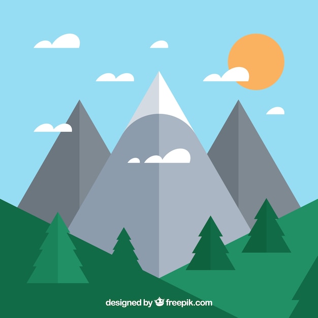 Gratis vector achtergrond van de bergen en bossen in plat design