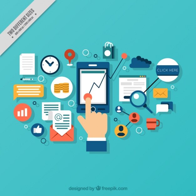 Achtergrond van de hand met mobiele en digitale elementen