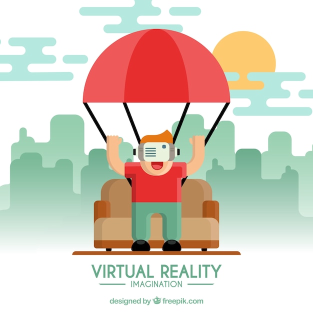 Gratis vector achtergrond van de jongen die met virtual reality bril in plat design