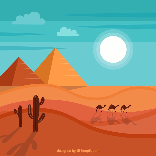 Gratis vector achtergrond van de piramides van egypte landschap met caravan van kamelen