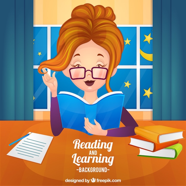 Gratis vector achtergrond van de vrouw met een bril lezen van een boek