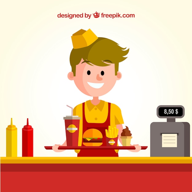 Achtergrond van gelukkige kerel die aan een hamburger in plat ontwerp werkt