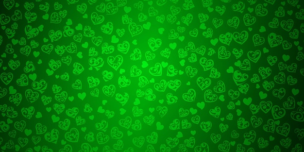 Achtergrond van grote en kleine harten met ornament van krullen, in groene kleuren
