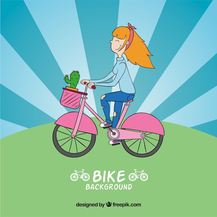 Gratis Vector achtergrond van handgetekend meisje op een roze fiets